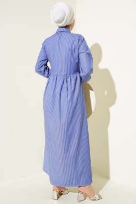 Çizgili Yarım Düğmeli Bağlamalı Elbise Saks - Tesettür Elbise