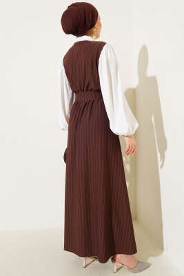 Çizgili Yarım Düğmeli Elbise Kahve - Tesettür Elbise