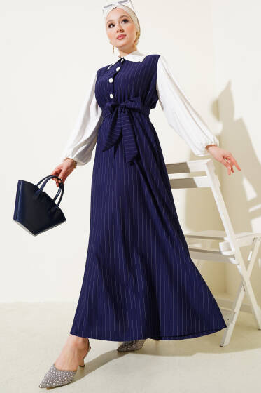 Çizgili Yarım Düğmeli Elbise Lacivert - Elbise