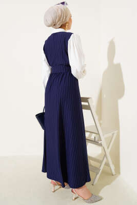 Çizgili Yarım Düğmeli Elbise Lacivert - Tesettür Elbise