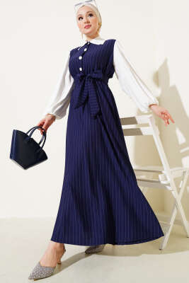 Çizgili Yarım Düğmeli Elbise Lacivert 