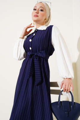 Çizgili Yarım Düğmeli Elbise Lacivert - Tesettür Elbise