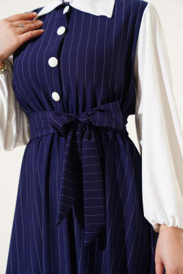 Çizgili Yarım Düğmeli Elbise Lacivert - Tesettür Elbise