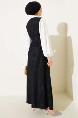 Çizgili Yarım Düğmeli Elbise Siyah - Tesettür Elbise