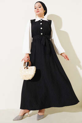 Çizgili Yarım Düğmeli Elbise Siyah - Tesettür Elbise
