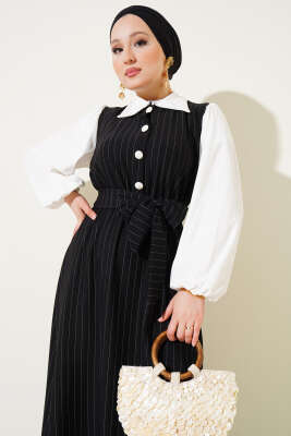 Çizgili Yarım Düğmeli Elbise Siyah - Tesettür Elbise