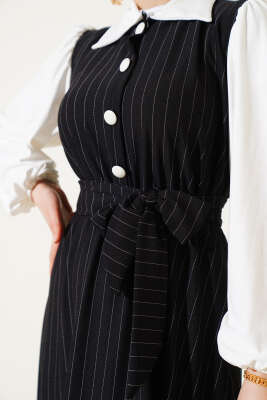 Çizgili Yarım Düğmeli Elbise Siyah - Tesettür Elbise