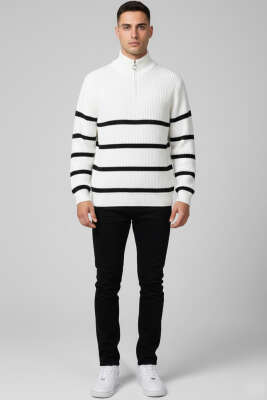 Çizgili Yarım Fermuar Erkek Triko Kazak Ekru - Erkek Kazak
