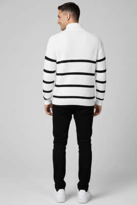 Çizgili Yarım Fermuar Erkek Triko Kazak Ekru - Erkek Kazak