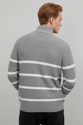 Çizgili Yarım Fermuar Erkek Triko Kazak Gri - Erkek Kazak