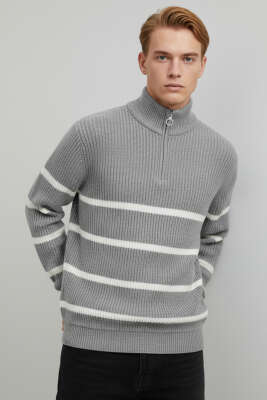 Çizgili Yarım Fermuar Erkek Triko Kazak Gri - BETEKS