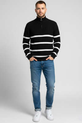 Çizgili Yarım Fermuar Erkek Triko Kazak Siyah - Erkek Kazak