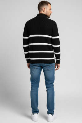 Çizgili Yarım Fermuar Erkek Triko Kazak Siyah - Erkek Kazak