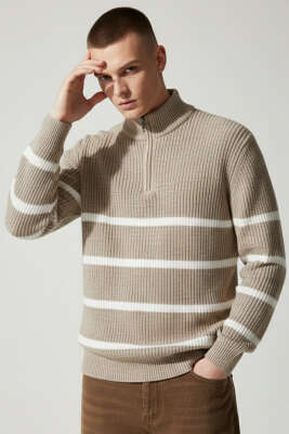 Çizgili Yarım Fermuar Erkek Triko Kazak Vizon - BETEKS