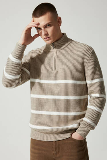 Çizgili Yarım Fermuar Erkek Triko Kazak Vizon - Erkek Kazak