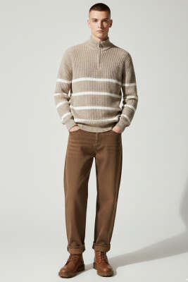 Çizgili Yarım Fermuar Erkek Triko Kazak Vizon - Erkek Kazak