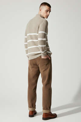 Çizgili Yarım Fermuar Erkek Triko Kazak Vizon - Erkek Kazak