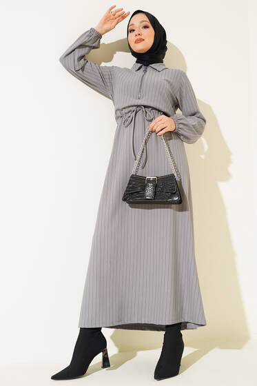 Çizgili Yarım Fermuarlı Elbise Gri - Tesettür Elbise