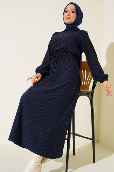 Çizgili Yarım Fermuarlı Elbise Lacivert - Tesettür Elbise