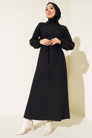 Çizgili Yarım Fermuarlı Elbise Siyah - Tesettür Elbise
