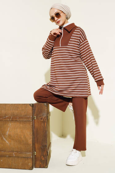 Çizgili Yarım Fermuarlı İkili Takım Kahve - İkili Takım