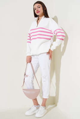 Çizgili Yarım Fermuarlı Sweatshirt Beyaz Pembe - Kadın Giyim Modelleri