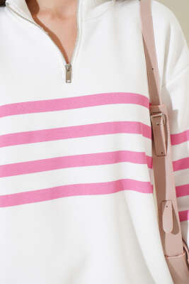 Çizgili Yarım Fermuarlı Sweatshirt Beyaz Pembe - Kadın Giyim Modelleri