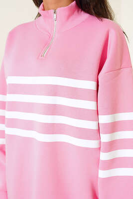 Çizgili Yarım Fermuarlı Sweatshirt Pembe - Kadın Giyim Modelleri