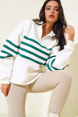 Çizgili Yarım Fermuarlı Sweatshirt Zümrüt Yeşili - Thumbnail