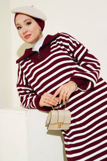 Çizgili Yarım Fermuarlı Triko Elbise Bordo - Elbise