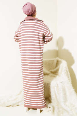 Çizgili Yarım Fermuarlı Triko Elbise Gül Kurusu - Tesettür Elbise