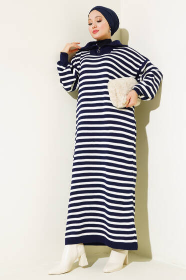 Çizgili Yarım Fermuarlı Triko Elbise Lacivert - Elbise