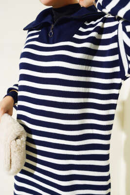 Çizgili Yarım Fermuarlı Triko Elbise Lacivert - Tesettür Elbise