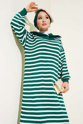 Çizgili Yarım Fermuarlı Triko Elbise Nefti - Tesettür Elbise