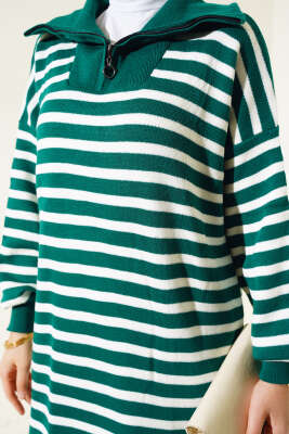 Çizgili Yarım Fermuarlı Triko Elbise Nefti - Tesettür Elbise