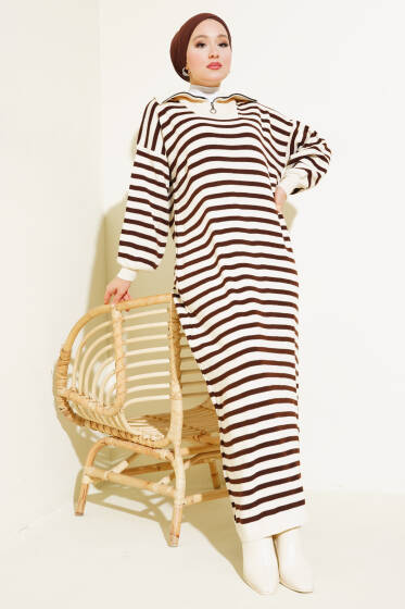 Çizgili Yarım Fermuarlı Triko Elbise Taş - Elbise