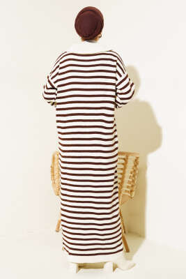 Çizgili Yarım Fermuarlı Triko Elbise Taş - Tesettür Elbise