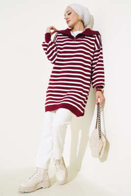 Çizgili Yarım Fermuarlı Triko Tunik Bordo - Triko Tunik