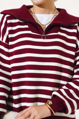 Çizgili Yarım Fermuarlı Triko Tunik Bordo - Triko Tunik