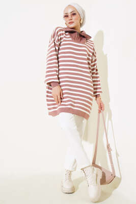 Çizgili Yarım Fermuarlı Triko Tunik Gül Kurusu - Triko Tunik