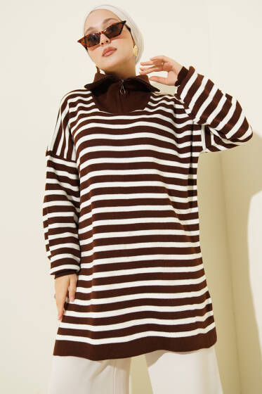 Çizgili Yarım Fermuarlı Triko Tunik Kahve - Tunik