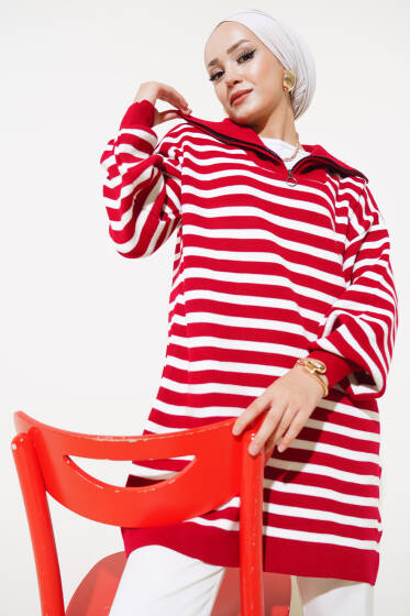 Çizgili Yarım Fermuarlı Triko Tunik Kırmızı - Triko Tunik