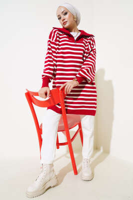 Çizgili Yarım Fermuarlı Triko Tunik Kırmızı - Triko Tunik