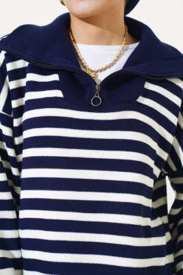 Çizgili Yarım Fermuarlı Triko Tunik Lacivert - Triko Tunik