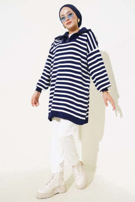 Çizgili Yarım Fermuarlı Triko Tunik Lacivert - Triko Tunik