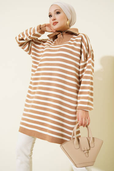 Çizgili Yarım Fermuarlı Triko Tunik Latte - Tunik