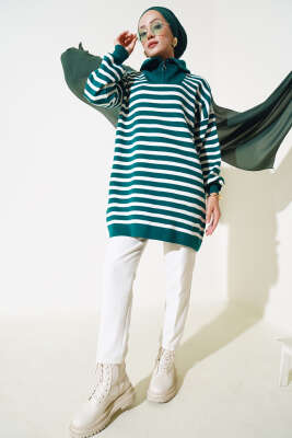 Çizgili Yarım Fermuarlı Triko Tunik Nefti - Triko Tunik