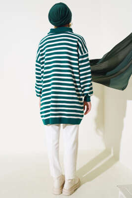 Çizgili Yarım Fermuarlı Triko Tunik Nefti - Triko Tunik