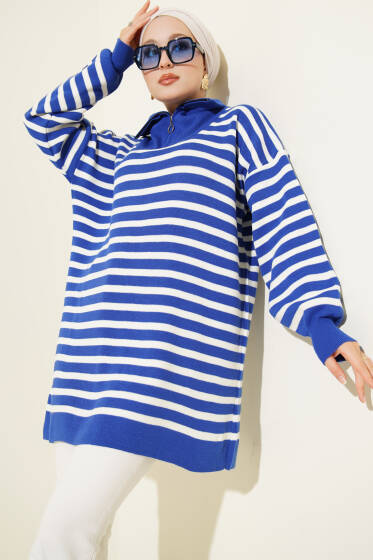 Çizgili Yarım Fermuarlı Triko Tunik Saks - Tunik