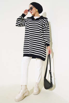 Çizgili Yarım Fermuarlı Triko Tunik Siyah - Triko Tunik